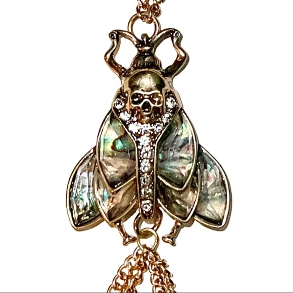 Gold & Abalone Iridescent  Skull Moth Statement Hand Chain - Picture 2 of 14